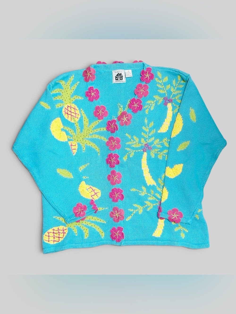 Vintage Storybook Knits Handknits Tropical Cardigan Sweater 2X Palm Tree Beaded